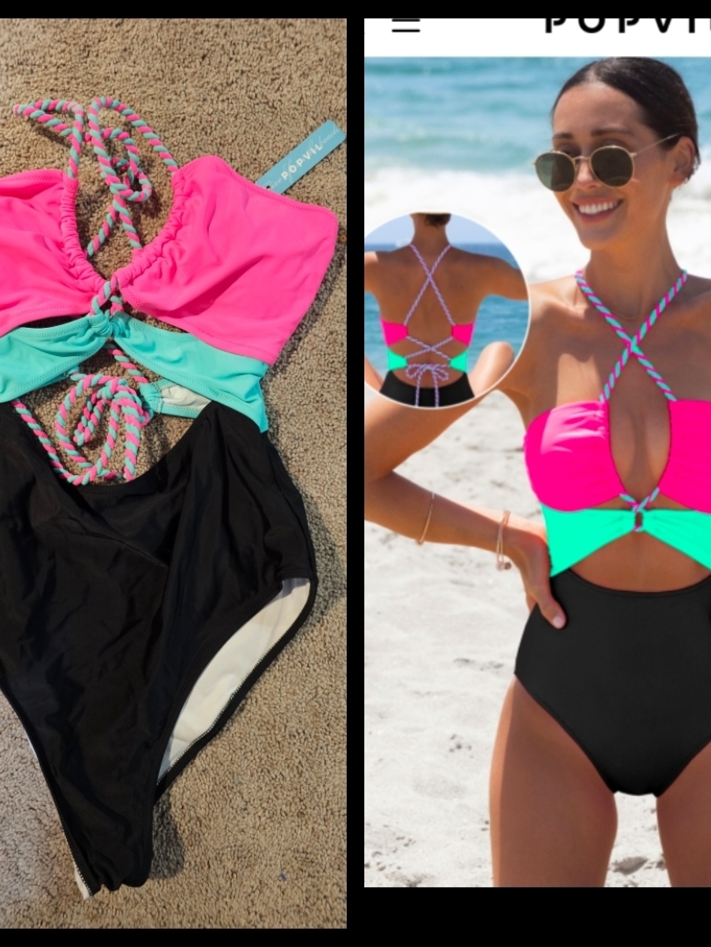 Popvil Colorblock One-Piece Swimsuit - Hot Pink/Teal/Black